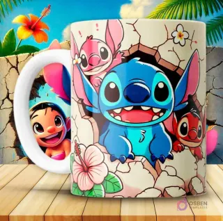 Taza con diseño 3D de Stitch azul con sus tres experimentos (rosa, rojo y azul), asomándose por una pared rota con hibiscos.