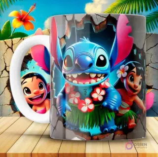 Taza con diseño 3D de Stitch azul con collar de flores rojas y falda de hojas, junto a Lilo con falda de hojas, saliendo de una pared gris oscura.