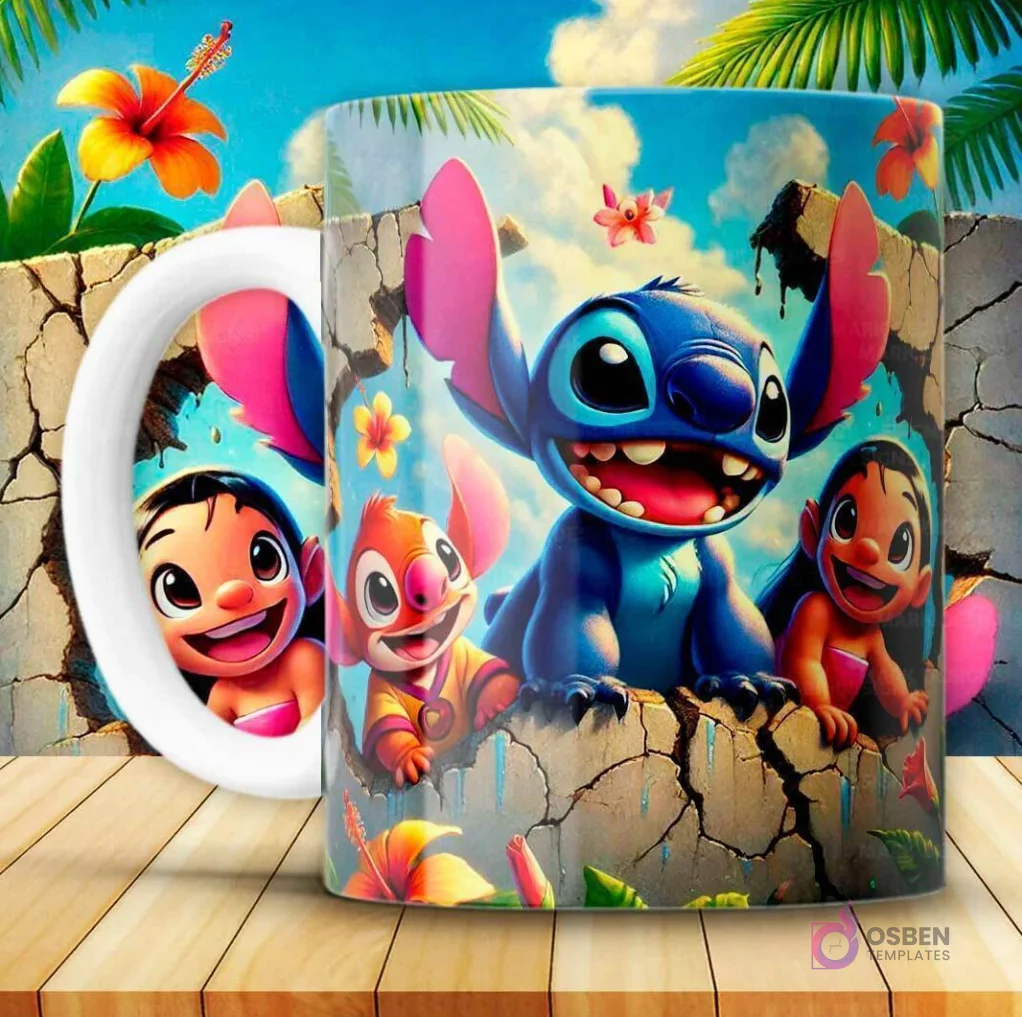 Taza con diseño 3D de Stitch azul y dos experimentos (uno naranja, otro rosa) junto a Lilo, saliendo de una pared rota con nubes y flores.