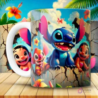 Taza con diseño 3D de Stitch azul y dos experimentos (uno naranja, otro rosa) junto a Lilo, saliendo de una pared rota con nubes y flores.