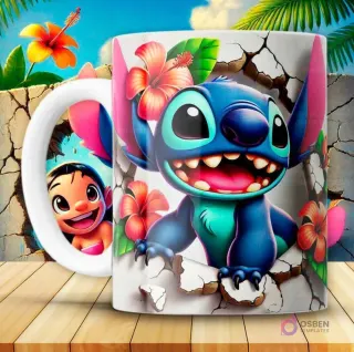 Taza con diseño 3D de Stitch azul sonriendo ampliamente con collar de flores rojas, saliendo de una pared rota con vegetación tropical.