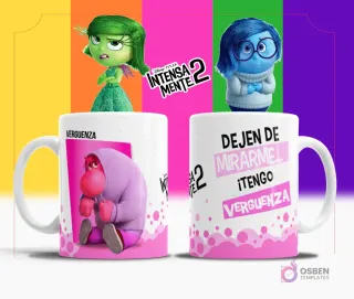 Taza de sublimación blanca con diseño de Vergüenza de Intensamente 2, texto 'DEJEN DE MIRARME! TENGO VERGÜENZA' en rosa y fondo multicolor.