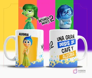 Taza de sublimación blanca con diseño de Alegría de Intensamente 2, texto 'UNA GRAN DOSIS DE CAFÉ Y ALEGRÍA' en azul y naranja, fondo multicolor.