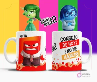Taza de sublimación blanca con diseño de Furia de Intensamente 2, texto 'CONSEJO DE HOY: ¡NO ME HABLES!' en rojo y naranja, fondo multicolor.