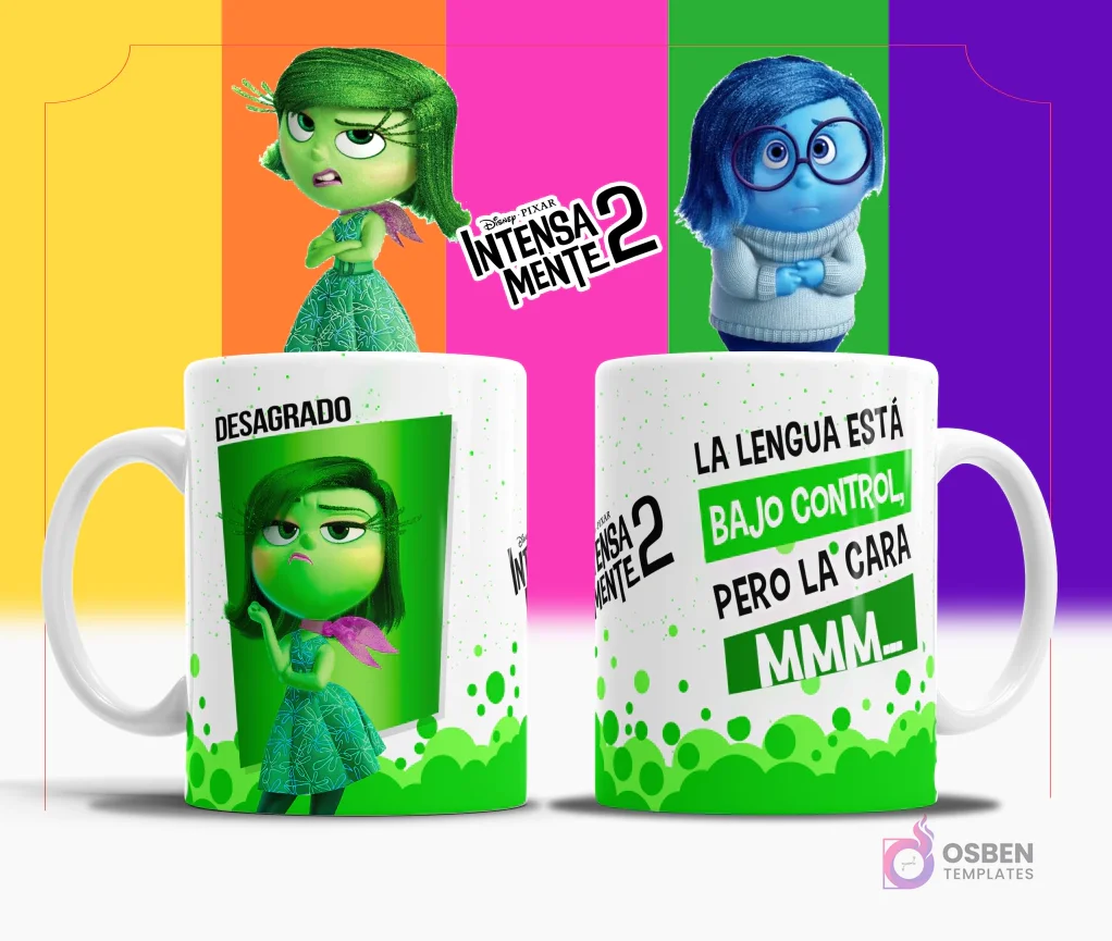 Taza de sublimación blanca con diseño de Desagrado de Intensamente 2, texto 'LA LENGUA ESTÁ BAJO CONTROL PERO LA CARA MMM' en verde y blanco, fondo multicolor.