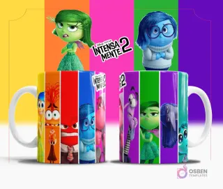 Taza de sublimación blanca con un diseño vertical de franjas de colores, cada una con un personaje de Intensamente 2 y el logo del filme.