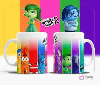 Taza de sublimación blanca con un diseño vertical de franjas de colores vibrantes, mostrando a todos los personajes de Intensamente 2 y el logo de Disney y Pixar.