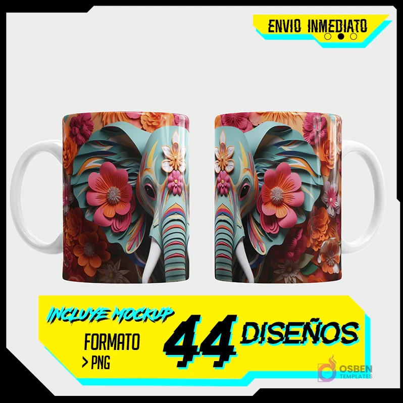 Taza de sublimación con diseño de elefante 3D estilo paper-cut con flores vibrantes en tonos azul, rosa y naranja. Pack de 44 plantillas.
