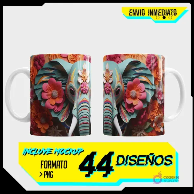 Taza de sublimación con diseño de elefante 3D estilo paper-cut con flores vibrantes en tonos azul, rosa y naranja. Pack de 44 plantillas.