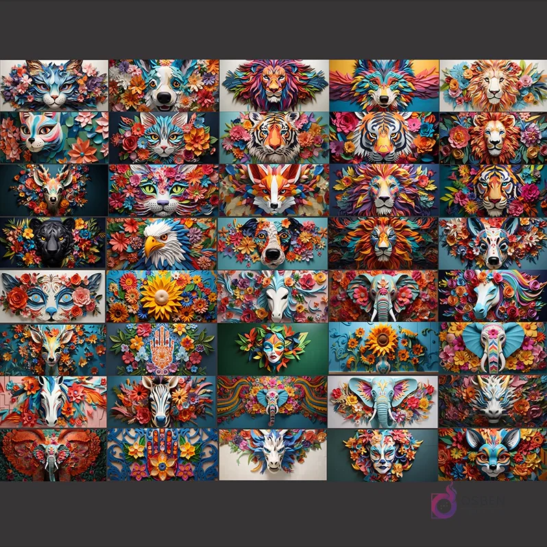 Colección completa de 44 diseños de sublimación para tazas, mostrando animales variados como leones, gatos, tigres y elefantes, todos con estilo paper-cut 3D y adornos florales coloridos.