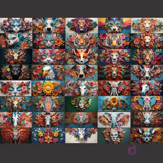 Colección completa de 44 diseños de sublimación para tazas, mostrando animales variados como leones, gatos, tigres y elefantes, todos con estilo paper-cut 3D y adornos florales coloridos.