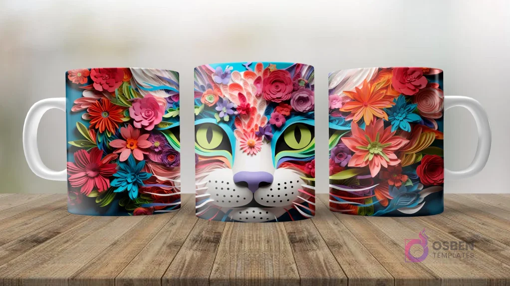 Tres vistas de una taza sublimada con diseño de gato 3D estilo paper-cut, adornado con flores rosas, azules y amarillas. Fondo de naturaleza.