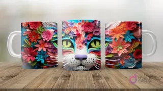 Tres vistas de una taza sublimada con diseño de gato 3D estilo paper-cut, adornado con flores rosas, azules y amarillas. Fondo de naturaleza.