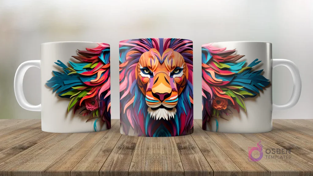 Taza sublimada con tres ángulos de un diseño de león 3D majestuoso, con melena de plumas y flores en tonos vibrantes como azul, rosa y naranja.