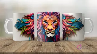 Taza sublimada con tres ángulos de un diseño de león 3D majestuoso, con melena de plumas y flores en tonos vibrantes como azul, rosa y naranja.