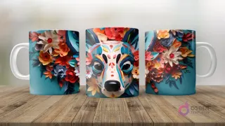 Mug en tres vistas mostrando un diseño de perro o zorro 3D con estilo paper-cut, adornado con flores en tonos cálidos y fríos sobre fondo turquesa.
