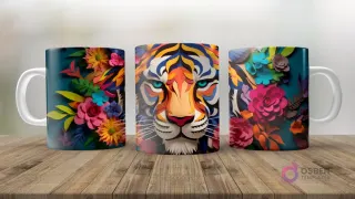 Tres ángulos de una taza con un diseño de tigre 3D de estilo paper-cut, destacando sus rayas y flores en colores vivos sobre un fondo oscuro.