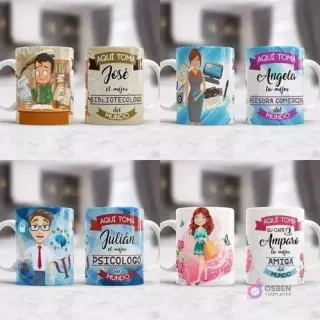Variedad de tazas sublimadas con motivos de profesiones como bibliotecólogo, asesora comercial y psicólogo, mostrando personajes en sus entornos laborales.