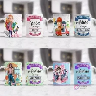 Muestras de tazas de sublimación para profesiones como RRPP, repartidor, química y psicóloga, con ilustraciones modernas y fondos de colores vibrantes.