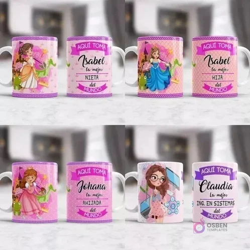 Tazas de sublimación para roles familiares como nieta, hija y ahijada, con diseños estilo princesa, y una taza para ingeniero en sistemas con personaje femenino.