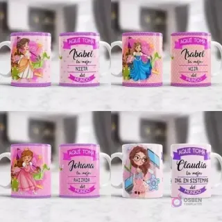 Tazas de sublimación para roles familiares como nieta, hija y ahijada, con diseños estilo princesa, y una taza para ingeniero en sistemas con personaje femenino.