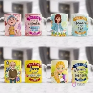 Diseños de tazas para familiares como abuelita, tía, sobrina y un diseño divertido para 'Sugar Daddy', con ilustraciones variadas y frases de cariño.