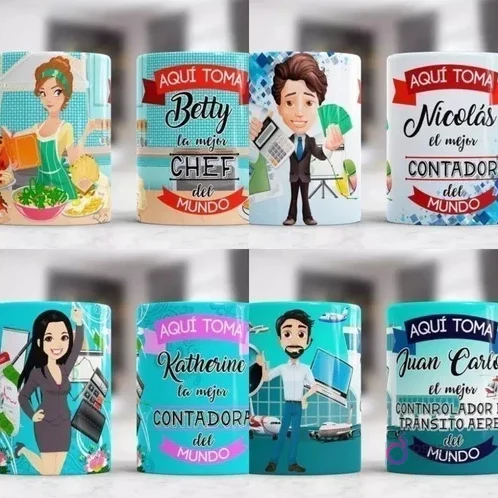 Colección de tazas de sublimación para profesiones de chef, contador, contadora y controlador de tráfico aéreo, con ilustraciones detalladas y elementos característicos de cada oficio.