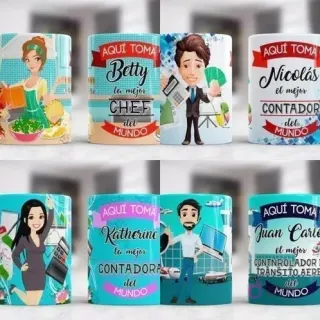 Colección de tazas de sublimación para profesiones de chef, contador, contadora y controlador de tráfico aéreo, con ilustraciones detalladas y elementos característicos de cada oficio.