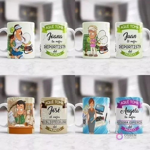 Mugs de sublimación para deportistas (femenino y masculino), bibliotecólogo y asesora comercial, presentando personajes atléticos y profesionales.