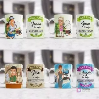 Mugs de sublimación para deportistas (femenino y masculino), bibliotecólogo y asesora comercial, presentando personajes atléticos y profesionales.
