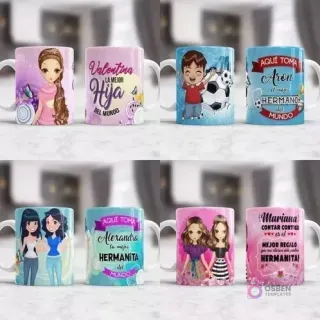 Tazas de sublimación para roles familiares como hija, hermano y hermanita, incluyendo un diseño infantil con balón de fútbol, ideales para regalos.