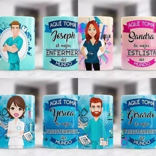 Imágenes de tazas sublimadas para profesiones de enfermero, estilista y fisioterapeuta (femenino y masculino), con elementos gráficos representativos de cada campo.