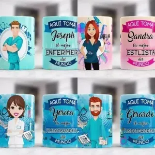 Imágenes de tazas sublimadas para profesiones de enfermero, estilista y fisioterapeuta (femenino y masculino), con elementos gráficos representativos de cada campo.