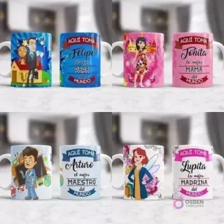 Tazas con diseños para papá, mamá, maestro y madrina, con ilustraciones que capturan la esencia de cada rol y profesión, perfectas para regalos.
