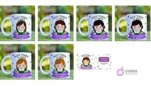Collage de 6 tazas blancas con diseños de 'Aquí Toma La Mejor Educadora', mostrando variaciones de educadoras con diferentes tonos de cabello (castaño, oscuro, rubio, negro), sobre fondos verdes