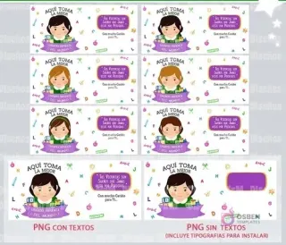 Diseños planos en PNG para sublimación de tazas, mostrando 6 versiones con texto inspirador y 6 versiones sin texto de la ilustracion de la educadora (varios tonos de cabello), con elementos educativos