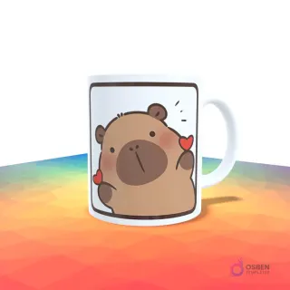 Taza blanca con diseño de capibara kawaii enviando corazones rojos con sus manos.
