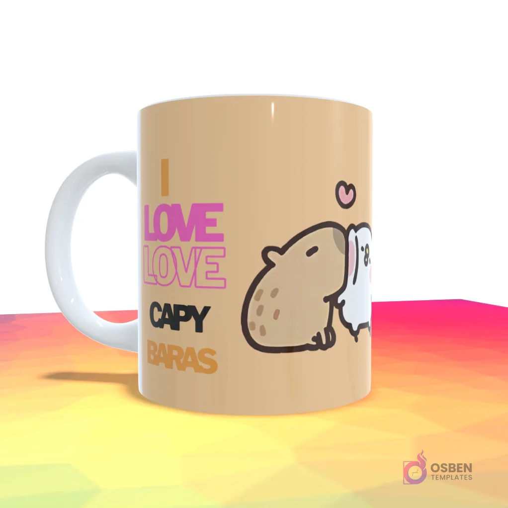 Taza beige con diseño de capibara y conejito abrazándose y el texto 'I LOVE LOVE CAPYBARAS' en letras rosas y negras.
