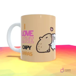 Taza beige con diseño de capibara y conejito abrazándose y el texto 'I LOVE LOVE CAPYBARAS' en letras rosas y negras.