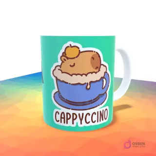 Taza turquesa con un diseño de capibara acurrucado dentro de una taza de café azul, como si fuera una 'Cappyccino'.