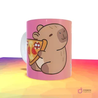 Taza rosa vibrante con un capibara kawaii feliz sosteniendo y comiendo una porción de pizza.