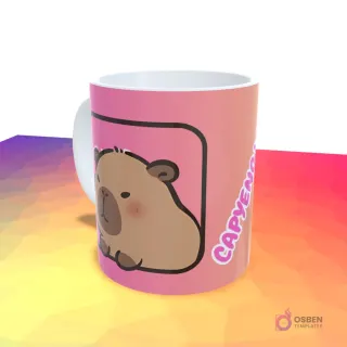 Taza rosa con un capibara con mejillas ruborizadas y la palabra 'CAPYENOJADO' en el costado.