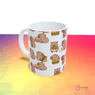 Taza blanca con un patrón repetido de pequeños capibaras comiendo diversos alimentos como sándwiches, pretzels y palomitas.
