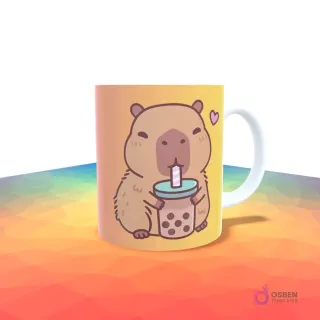 Taza con degradado naranja y amarillo con un capibara tierno bebiendo bubble tea con un pequeño corazón al lado.