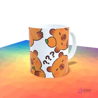 Taza blanca con un patrón de capibaras con pequeñas naranjas en la cabeza y signos de interrogación.