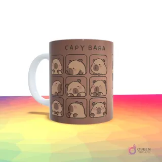 Taza marrón con una cuadrícula de nueve imágenes de capibaras con diferentes expresiones y el texto 'CAPY BARA'.