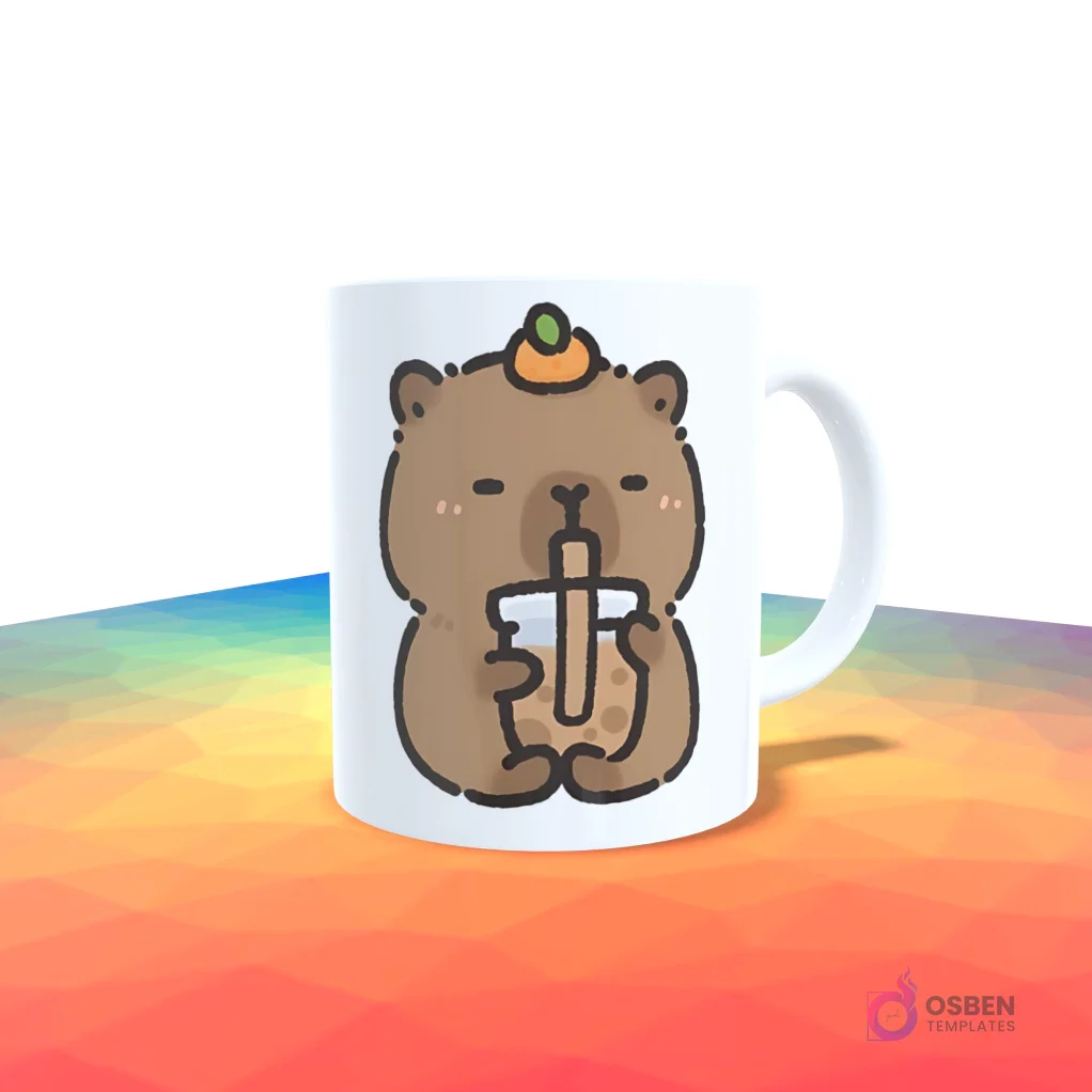 Taza blanca con un capibara kawaii bebiendo bubble tea y llevando un sombrero de naranja.