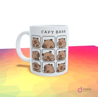 Taza blanca con una cuadrícula de nueve imágenes de capibaras con diferentes expresiones y el texto 'CAPY BARA'.