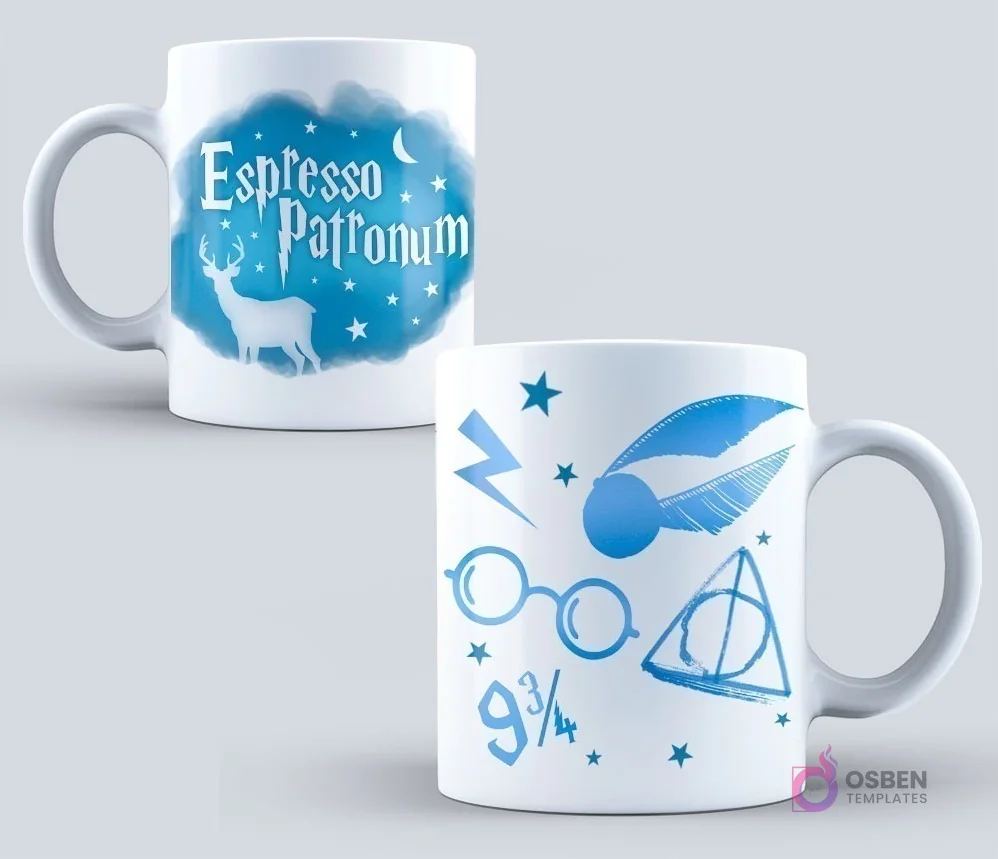 Taza blanca de sublimación con diseño azul de ciervo Patronus, texto 'Espresso Patronum' y símbolos de Harry Potter
