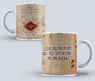 Taza blanca con el icónico Mapa del Merodeador de Harry Potter y la frase 'Juro solemnemente que mis intenciones no son buenas'